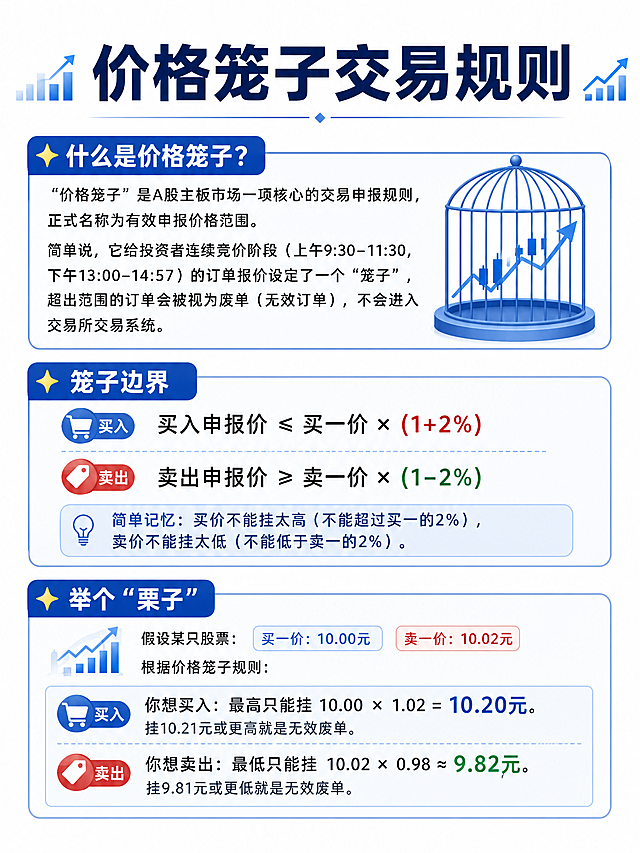 小红书财经知识分享图文，主标题是"价格笼子交易规则"，内容如下：
✨什么是价格笼子？
“价格笼子”是A股主板市场一项核心的交易申报规则，正式名称为有效申报价格范围。
简单说，它给投资者连续竞价阶段（上午9:30–11:30，下午13:00–14:57）的订单报价设定了一个“笼子”，超出范围的订单会被视为废单（无效订单），不会进入交易所交易系统。
✨笼子边界
买入申报价 ≤ 买一价 × (1+2%)
卖出申报价 ≥ 卖一价 × (1−2%)
简单记忆：买价不能挂太高（不能超过买一的2%），卖价不能挂太低（不能低于卖一的2%）。
✨举个“栗子”
假设某只股票：
买一价：10.00元
卖一价：10.02元
根据价格笼子规则：
你想买入：最高只能挂 10.00 × 1.02 = 10.20元。挂10.21元或更高就是无效废单。
你想卖出：最低只能挂 10.02 × 0.98 ≈ 9.82元。挂9.81元或更低就是无效废单。
风格简洁清晰，财经金融蓝色系，顶部和底部留少量空白，保留所有文字排版整齐