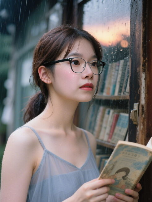 场景创意：雨后黄昏的旧书店门口 · 他忽然从书堆里抽出她童年最爱的绘本递过来的瞬间
镜头定格在一张年轻女子的面部特写上，框定自发际线至锁骨上方。她站在窄窄的屋檐下，穿一件柔灰蓝细纱罩衫，肩带因微倾动作预览效果