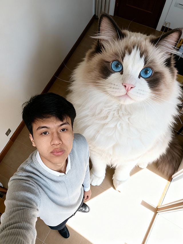 实景感与动漫风交融，拟人化猫咪毛发生长细腻，光影柔和，营造温馨舒适氛围，节日温情跃然眼前。