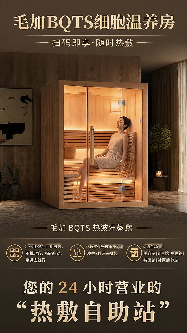 基于参考图2的现代家居空间场景，将参考图1中坐在汗蒸房内的优雅女性人物合成到汗蒸房里，人物自然地坐在汗蒸房内休息放松，神态安详，融合真实自然，光影协调统一。突出海报的空间纵深感和高端质感，营造温馨舒适的养生氛围。画面为竖版9:16商业宣传海报，保留原海报的所有文案内容，将底部所有文字明显放大，文字清晰醒目，整体排版美观大气，适合商业推广使用。
