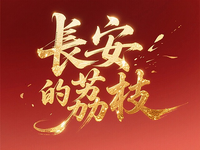文案“长安的荔枝”，鎏金字体，深红色渐变背景，国风