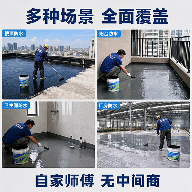 [主图-4] 多服务场景覆盖宫格图，展示适配场景。
[氛围风格] 清晰直观，展示全面，专业整洁
[画质] 商业摄影质感，各个场景清晰真实，整体干净统一
[元素] 顶部标题区，下方四个宫格，分别展示：楼顶防水、阳台防水、卫生间防水、厂房防水四个常见场景，第一个宫格使用输入原图楼顶施工场景，保持真实一致，其余三个场景为对应空间的施工场景示意，所有场景画质统一，光影一致，每个场景宫格标注名称。整体排版整齐，满屏无边框。
[光影] 每个小场景都使用自然均匀光线，光影统一，清晰展示每个场景
[配色] 背景浅灰，场景真实取色，标题深蓝色，宫格标签浅蓝底白字，整体配色专业统一
[视角构图] 宫格排版，每个场景都完整展示，视角合适，主体突出
[文字版式] 顶部主标题“多种场景 全面覆盖”深蓝色粗体居中。每个宫格左上角标注对应场景名称，浅蓝底白字小标签。底部服务标语“自家师傅 无中间商”深蓝色加粗，干净清晰。
[比例分辨率] 1:1 比例，4k 分辨率，文字清晰锐利，画面超高清
[负向提示词] 变形，水印，文字错乱，场景不清晰，色调不统一