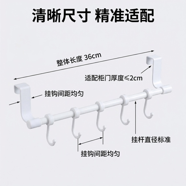 垫图为白色免打孔柜门挂钩，主图主题是柜门挂钩尺寸参数标注，氛围风格是专业清晰，干净简洁。画面元素：白色柜门挂钩放置在浅灰色背景上，用极细的黑色引线标注各个部分的尺寸：整体长度36cm，挂钩间距均匀，卡预览效果