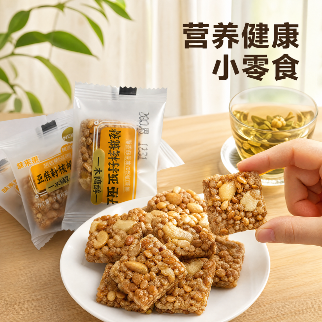 [主图-4] 亚麻籽核桃酥食用场景展示，代入生活体验。[氛围风格] 温馨休闲，居家下午茶场景，唤起食欲和购买欲。[画质] 商业摄影质感、光线柔和通透、产品清晰真实、画面干净高级。[元素] 浅色木质餐桌预览效果