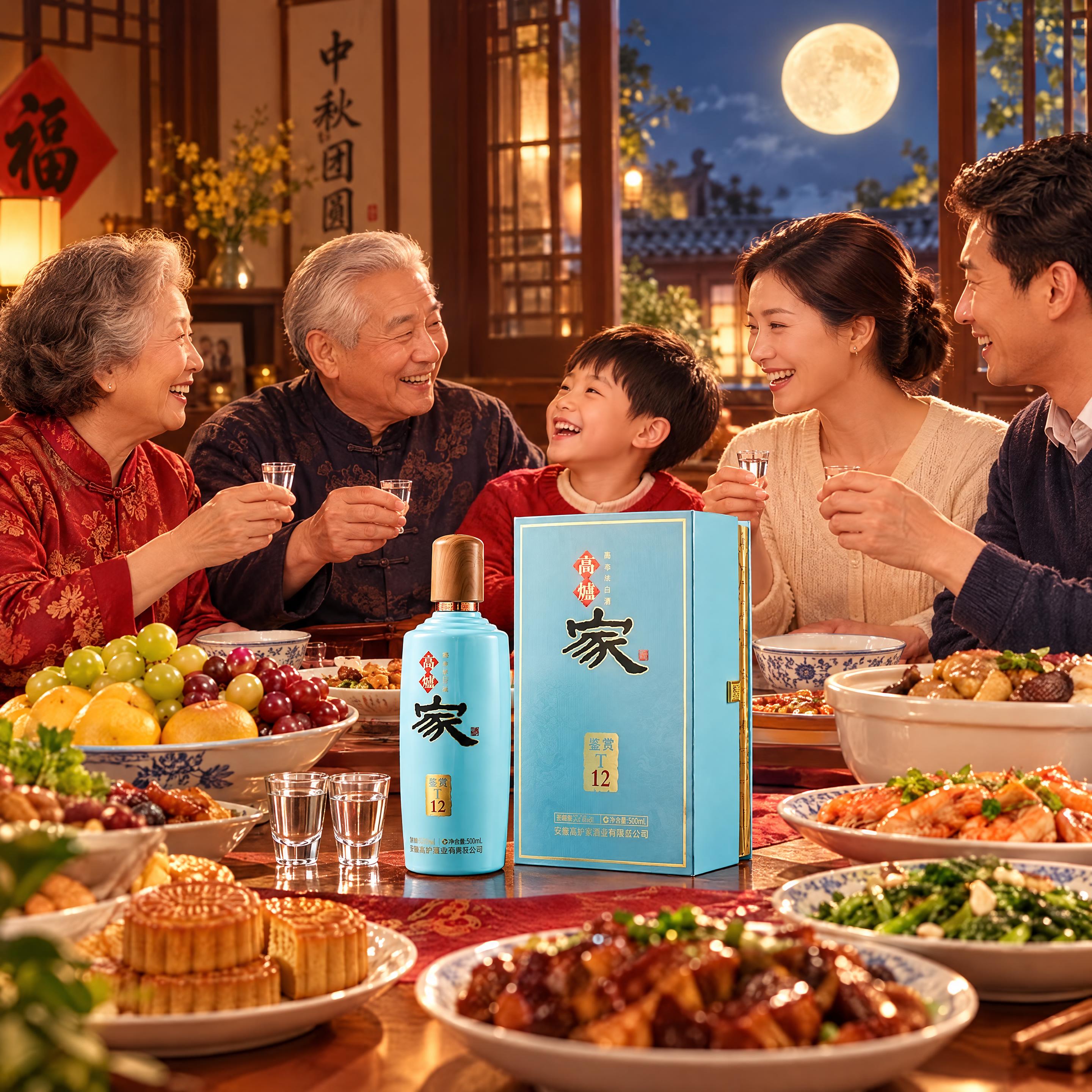 中秋佳节家人团聚场景，画面中央摆放着图中的高炉家酒（浅蓝色瓶身… - 图片创意预览