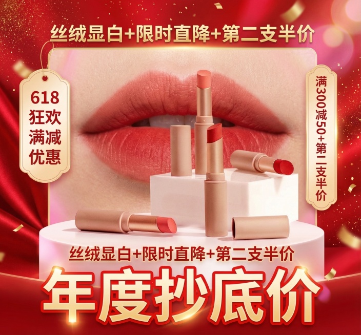 基于提供的口红图片，设计618促销海报，采用居中聚焦构图，口红实物搭配精致唇妆特写为视觉核心，两侧点缀618优惠标签与满减标识平衡画面；色彩以高饱和正红为主调，叠加鎏金闪片与浅粉渐变，营造热烈促销氛围预览效果