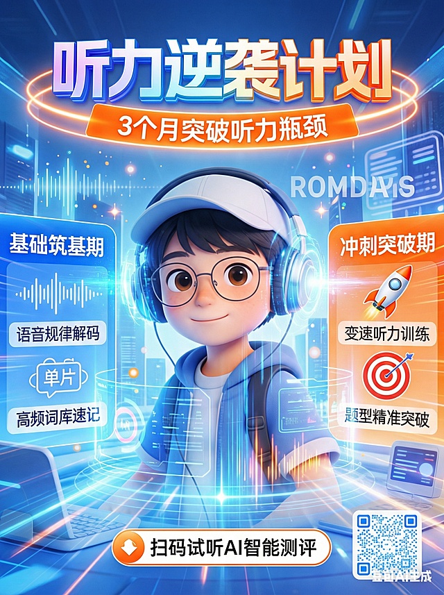 你好，你是一名平面海报设计师，请帮我设计一张 3:4 比例海报，采用科技蓝与活力橙为主色调，搭配未来感光效元素。画面中心是戴着耳机的卡通学生形象，