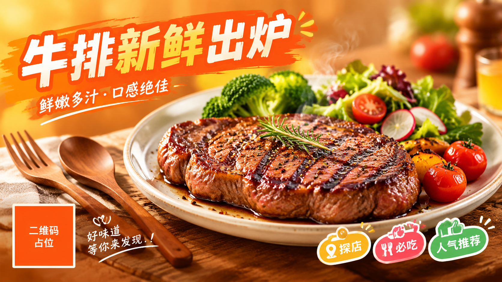 活力美食风格海报，写实商业摄影质感，暖橙色渐变背景，背景虚化处… - 图片创意预览