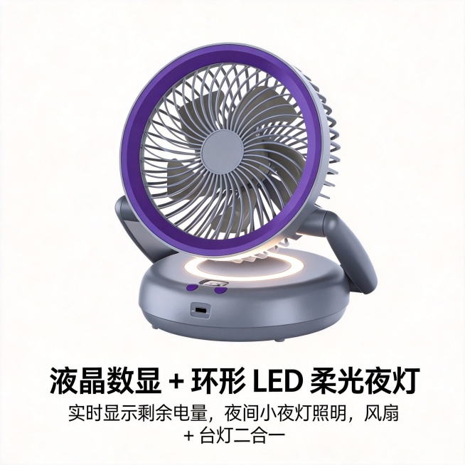 电商功能图，主标题："液晶数显 + 环形 LED 柔光夜灯"，文案："实时显示剩余电量，夜间小夜灯照明，风扇 + 台灯二合一"，展示紫灰色循环扇的液晶显示屏和环形LED夜灯效果，突出照明功能，简约科技预览效果