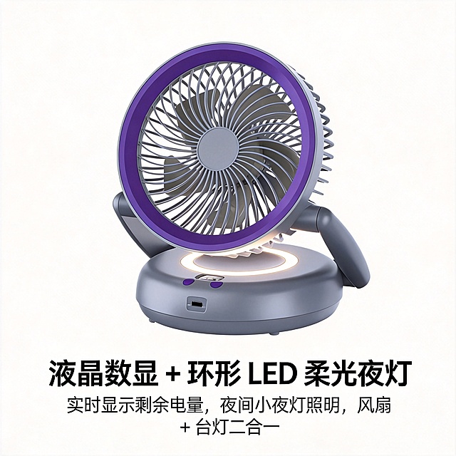 电商功能图，主标题："液晶数显 + 环形 LED 柔光夜灯"，文案："实时显示剩余电量，夜间小夜灯照明，风扇 + 台灯二合一"，展示紫灰色循环扇的液晶显示屏和环形LED夜灯效果，突出照明功能，简约科技风格，1:1正方形构图