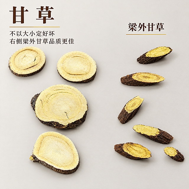 基于上传的甘草对比素材进行主图创作，严格使用上传素材，完整保留原图中左侧一组大直径甘草横切片与右侧一组小直径甘草斜切片的各自外观、形状、颜色、断面特征、切片数量、左右分组的位置与排列方式、俯视构图与柔和光影，绝不变形、不改色、不减少切片数量、不改变位置与分组、不添加任何原图没有的物体或元素。

背景处理：将原图中灰绿色木纹背景替换为纯净的浅米灰色或极浅暖灰色纯色渐变，干净通透、柔和雅致；台面为同色系哑光平面，质感细腻，无杂物；保留两组甘草自然排列与干净投影。

光线与质感：柔和的自然光从上方照射，左侧大片甘草颜色偏淡、断面粉性弱，右侧甘草色泽鲜黄、质地紧实，两组对比真实自然，整体光影干净通透。

文字排版：在画面左上角叠加醒目的主标题「甘草」使用高级宋体或轻衬线体，深棕色，字号较大、醒目大气，字间距宽松；主标题下方放置一条细细的金色装饰线；装饰线下方放置两行卖点小字，第一行「不以大小定好坏」，第二行「右侧梁外甘草品质更佳」，细黑体或轻衬线体，深棕色，字号较大、清晰可读；在右侧一组甘草上方居中标注「梁外甘草」，高级宋体或轻衬线体，深棕色，字号较大、醒目，并在其下方加一条金色细线；所有文字排版克制精简，不做多余装饰，高级感十足。

整体风格：真实、克制、高级，客观呈现大小与品质的对比，突出右侧梁外甘草的优良品质。

1:1 比例，2K超高清画质，细节丰富清晰。