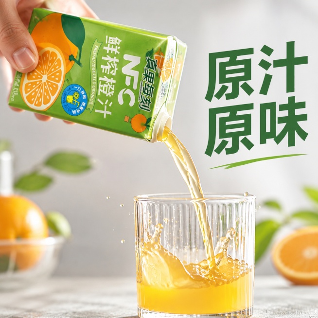 [主图-14] 倒入玻璃杯过程动态展示
[氛围风格] 动态诱人，真实口感呈现
[画质] 商业摄影质感、光线柔和通透、产品清晰真实、画面干净高级
[元素] 手拿着本产品包装盒正在往玻璃杯中倒苹果汁，金黄预览效果