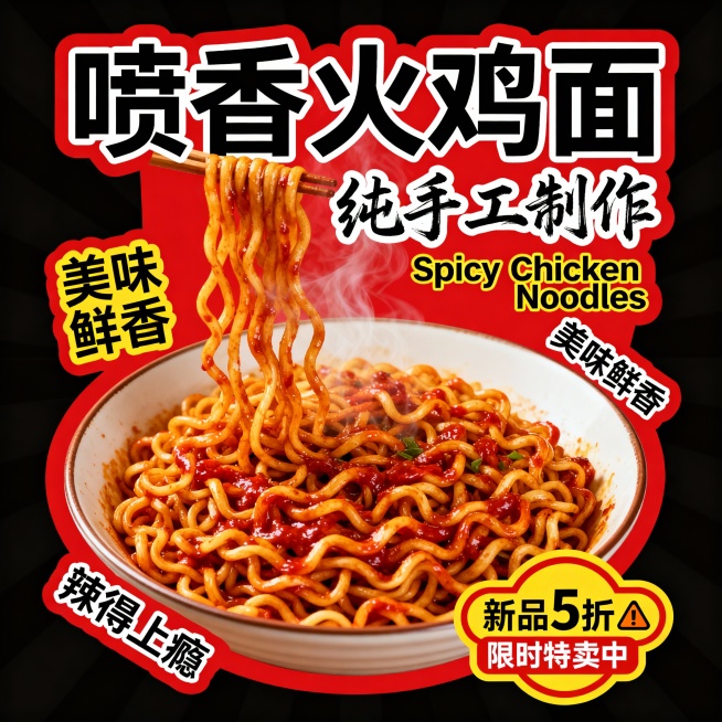 “喷香火鸡面”大标题，红黄主色调，“纯手工制作”手写体，搭配“Spicy Chicken Noodles”。火鸡面，辅以“美味鲜香”“辣得上瘾”，“新品5折限时特卖中”警示图标。预览效果