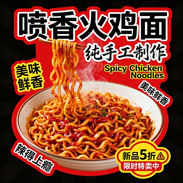 “喷香火鸡面”大标题，红黄主色调，“纯手工制作”手写体，搭配“Spicy Chicken Noodles”。火鸡面，辅以“美味鲜香”“辣得上瘾”，“新品5折限时特卖中”警示图标。