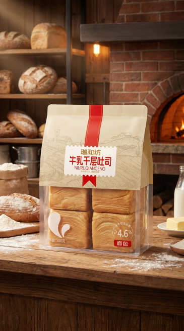 精修这张牛乳千层吐司面包图，保持包装和面包内容不变，添加真实舒适的面包店厨房场景背景，调整比例为9:16，保证包装上所有文字清晰，场景真实自然，光影协调，提升整体质感预览效果