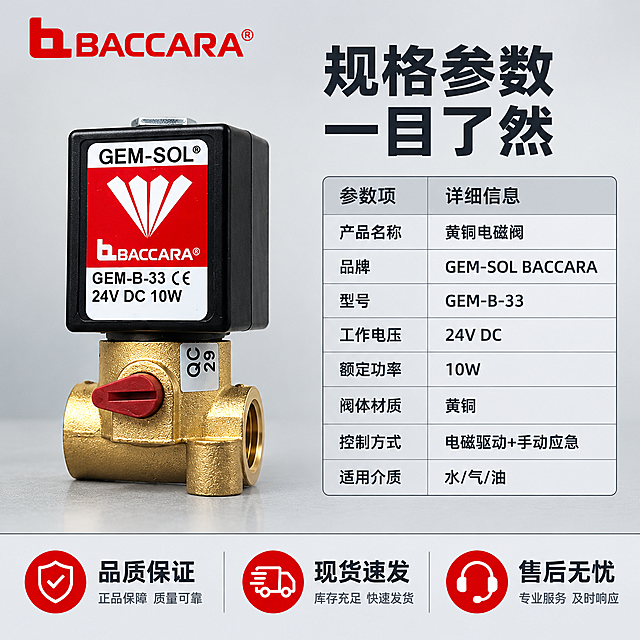 [主图-5] 规格参数与品质保证，主题为产品详细参数表与品质背书，完成下单前最后确认。
[统一基调] 整体风格为专业工业风，背景主色为浅灰渐变，标题字色为深灰近黑，辅助字色为中灰，强调色为品牌红，字体为无衬线粗体工业字体，字号层级分明，组件样式为细线方框+圆角标签，整体高信息密度满版构图。
[画面] 画面左侧为产品主体，侧面视角，占比约45%，放置在浅灰色台面上。右侧为规格参数表，采用清晰的行列表格形式，包含8项核心参数。表格上方为大标题。画面底部通栏为品质保证与服务信息条，包含3个服务承诺图标+文字。左上角放置品牌Logo。
[光影质感] 产品部分商业工业摄影质感，光线均匀，金属质感清晰。参数表区域干净整洁，线条清晰，文字排版整齐。整体专业可信。
[配色] 背景浅灰，表格线深灰，文字黑色，表头背景用浅灰色区分，强调色品牌红用于服务承诺图标点缀。
[文字版式] 右侧顶部标题：规格参数 一目了然。参数表内容：产品名称-黄铜电磁阀、品牌-GEM-SOL BACCARA、型号-GEM-B-33、工作电压-24V DC、额定功率-10W、阀体材质-黄铜、控制方式-电磁驱动+手动应急、适用介质-水/气/油。底部服务条：品质保证、现货速发、售后无忧。字体统一无衬线粗体，标题最大，参数表文字清晰对齐，服务条文字醒目。
[输出要求] 1:1正方形2048px，产品清晰不变形，参数表排版整齐易读，文字清晰无错字，无水印，无平台Logo，禁止参数错误或排版混乱。