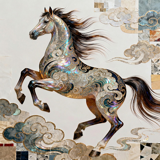 国潮风骏马腾云，鎏金浮雕与重拟物拼贴交织，金属质感与梦幻光晕交融，尽显中式奢华与优雅。