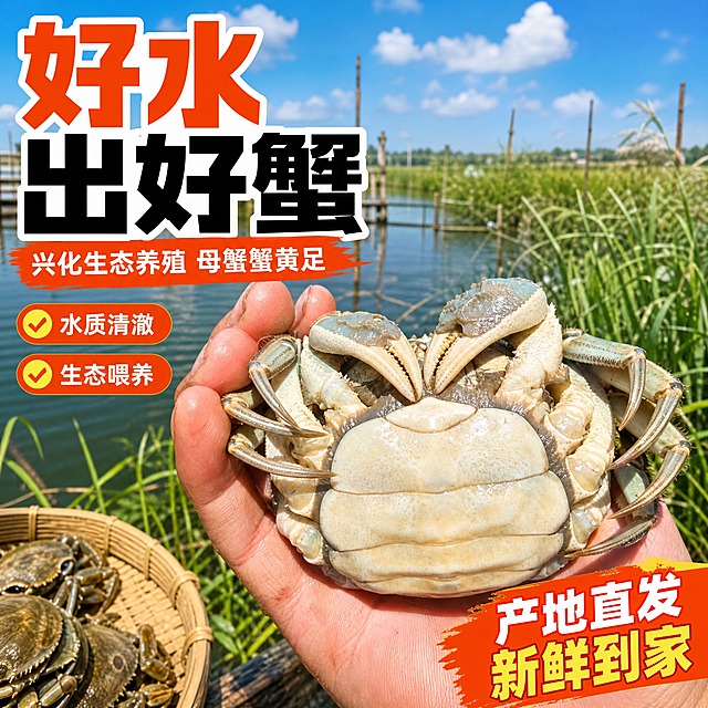 [主图-4] 兴化母蟹产地养殖图 突出生态养殖 好水出好蟹 拼多多爆款风格
[统一基调] 拼多多爆款大字风格 主色橙红+金黄 主标题粗黑体大字 辅助文案白色黑体 强调色金黄 背景暖色调 食欲感强 性价比氛围
[画面] 母蟹在前景翻肚展示 圆脐饱满 背景是兴化水乡养殖塘 清澈水面 芦苇摇曳 蓝天白云 展现优质养殖环境 前后景深对比 突出产地生态
[光影质感] 自然阳光 水乡场景明亮通透 前景母蟹清晰 背景自然虚化 光影融合自然
[配色] 背景蓝天绿水 前景暖橙 主标题白色粗黑体带描边 清晰醒目
[文字版式] 左侧上方大标题"好水出好蟹" 下方小字"兴化生态养殖 母蟹蟹黄足" 右下角"产地直发 新鲜到家" 文字放在画面左侧和角落 不遮挡大闸蟹
[输出要求] 1:1正方形 2048x2048 文字清晰可读 产品清晰完整 禁止变形错字模糊杂乱水印平台Logo 禁止绝对化用语