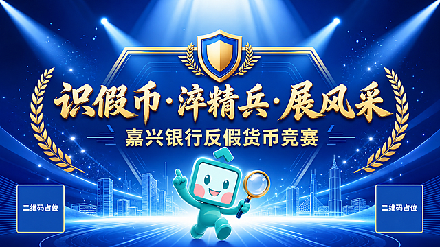 参考第二张红色海报的版式骨架和构图结构，将整体色调改为嘉兴银行品牌蓝色系（深蓝到浅蓝渐变背景），保持大气专业的银行活动海报风格。

具体修改要求：
1. 主标题文字改为「识假币·淬精兵·展风采」，使用金色立体书法字体，不侵权的原创字体风格
2. 副标题文字改为「嘉兴银行反假货币竞赛」，金色字体
3. 画面中的黄色卡通人物替换为第一张图中的蓝色方形头IP卡通形象，该IP手持放大镜，姿势活泼，位于画面下方中央
4. 背景整体改为蓝色渐变（深蓝到浅青蓝），与嘉兴银行logo蓝色协调，保留放射光束和粒子光效，但光束改为蓝白色
5. 顶部盾形徽章和两侧麦穗装饰保留，改为金色与蓝色搭配
6. 底部城市建筑剪影改为蓝色线稿风格
7. 整体氛围：专业、大气、科技感，符合银行品牌调性

画面中必须完整呈现以下文字信息：
- 主标题：「识假币·淬精兵·展风采」
- 副标题：「嘉兴银行反假货币竞赛」

画面中所有二维码区域使用纯色方块占位符呈现，方块中央标注"二维码占位"文字，严禁生成任何可识别的二维码图案。
画面中所有信息区域必须填充完整合理的内容，不得出现空白框、空白占位、横线待填写区域。
版式精美，文字清晰可读，2K超高清画质。