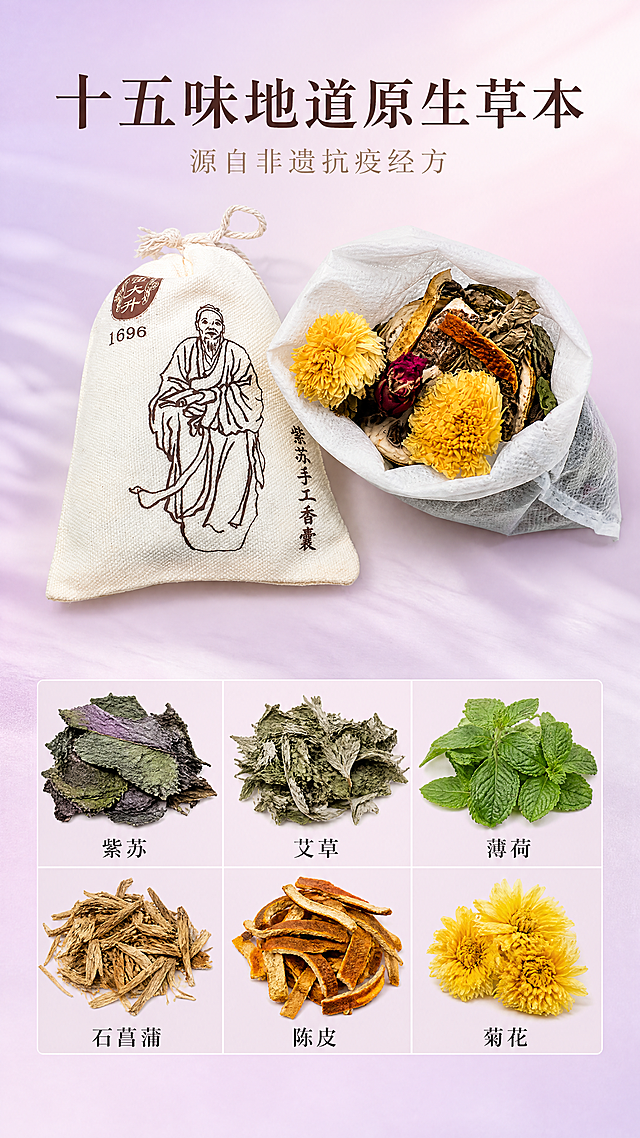 「图片1」，生成一套完整的香囊产品详情页，商品名称为雷大升十五味草本紫苏手工香囊  香囊（40g)香囊袋约10cm×14cm包括：紫苏、艾草、薄荷、石菖蒲、陈皮、菊花、白芷、玫瑰、小茴香、黄柏、丁香、黑胡椒、藿香、蒲公英、柠檬 心寓意：一囊藏百草，古方护安康

设计解读：

正面手捧医书的雷大升形象，背面一脉传承“非遗古方·阳光手作”，彰显正宗与温度。

十五味草本（紫苏、艾草、薄荷、石菖蒲、陈皮等）源自非遗抗疫经方。

亚麻袋透气质朴，可随身佩戴或挂于包袋、车内。

适用场景：日常佩戴、学生护体、公益采购入门款。适用场景：品牌纪念、自用养生、赠予长辈，详情页背景色调统一以紫粉相间年轻人喜欢的色调为主，适配拼多多平台，单图比例为9:16，突出内容：非遗古方/阳光手作，雷大升紫苏良方抗疫/香囊从古至今的妙用等等，需求屏数为8张。「图片1」「图片1」「图片1」「图片1」