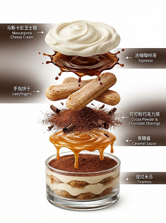根据下面这段提示词，保持格式不变，生成6张西式餐厅里的美食海报： 高端中式美食海报，解构式佛跳墙，所有元素以45°商业美食摄影视角呈现，纯白色背景，所有食材以多层结构自由漂浮。统一影棚戏剧性光线、统一材质、超逼真、高清。图片尺寸9：16 顶层：鲍鱼与海参，肉质弹牙，色泽鲜亮。 二层：鱼翅与花胶，晶莹剔透，质地软糯。 三层：干贝与香菇，香气浓郁，口感醇厚。 四层：火腿与鸽蛋，色泽红润与乳白，营养丰富。 五层：高汤与绍兴酒，色泽金黄，香气四溢。 底层：精美的炖盅盛放最终成品，食材丰富，汤汁浓稠，氛围奢华。 中英双语箭头标注(左右均匀分布，一左一右错落有致)，白色中英小字标注： 鲍鱼海参 / Abalone & Sea Cucumber 鱼翅花胶 / Shark Fin & Fish Maw 干贝香菇 / Scallop & Mushroom 火腿鸽蛋 / Ham & Pigeon Egg 高汤绍兴酒 / Stock & Shaoxing Wine 佛跳墙 / Buddha Jumps Over the Wall