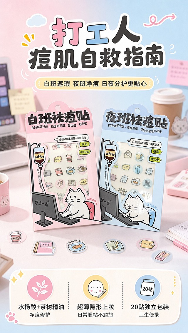 [商品] 使用【图1】白班祛痘贴（粉色包装）和夜班祛痘贴（蓝色包装）两款产品；保留两款包装的卡通猫咪、咖啡输液袋、办公图标、"白班祛痘贴""夜班祛痘贴"字样、"悠悠一品"品牌名、包装形状和粉蓝配色；产品清晰完整，朝向正面略侧，自然摆放。
[画面] 目标：头图海报，打工人日夜分护痘肌概念。构图：居中偏上产品组合，两款包装并排呈V字摆放，产品占画面50%；前景散落几枚可爱办公小图标痘痘贴，中景产品，背景为柔和渐变的办公桌场景虚化（电脑、咖啡杯、便签纸元素）；阅读动线从上到下，顶部大标题，中部产品，底部副标题+利益点。
[视觉] 套系策略：风格=可爱治愈系马卡龙插画风商业摄影；标题字=圆润卡通粗体；正文字=简洁圆润无衬线体；主色=樱花粉+雾霾蓝双色；背景延展=基于粉蓝做渐变晕染、同色系深浅层级、柔和纸张/云朵质感；强调色=奶黄色，仅用于小面积图标、引线、标签和高亮；标题色=深炭灰；正文色=中暖灰；组件=圆角奶白信息卡、虚线引线、可爱气泡框；光影=顶部柔和漫射光，整体明亮通透，软阴影。
[文字] 顶部主标题「打工人痘肌自救指南」，副标题「白班遮瑕 夜班净痘 日夜分护更贴心」，底部3个圆形利益icon：「水杨酸+茶树精油」「超薄隐形上妆」「20贴独立包装」；文字不遮挡产品主体，全部横排，字号手机端清晰可读。
[规格] 图片比例9:16竖版，4K分辨率，避免变形、错字、文字过小、冷灰背景、产品颜色改变、包装文字错乱、医疗功效夸大。
