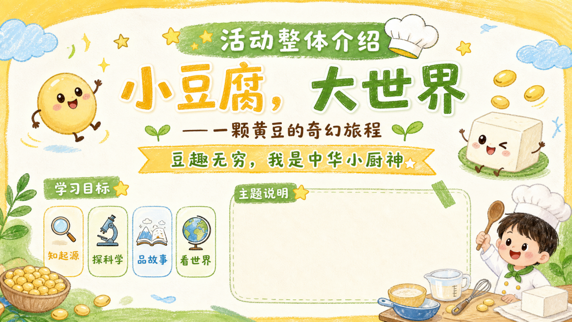 儿童手绘风PPT内页，标题是活动整体介绍，包含主副标题"小豆腐，大世界——一颗黄豆的奇幻旅程，口号：豆趣无穷，我是中华小厨神"，还有学习目标："知起源、探科学、品故事、看世界"和主题说明文字，手绘风格预览效果