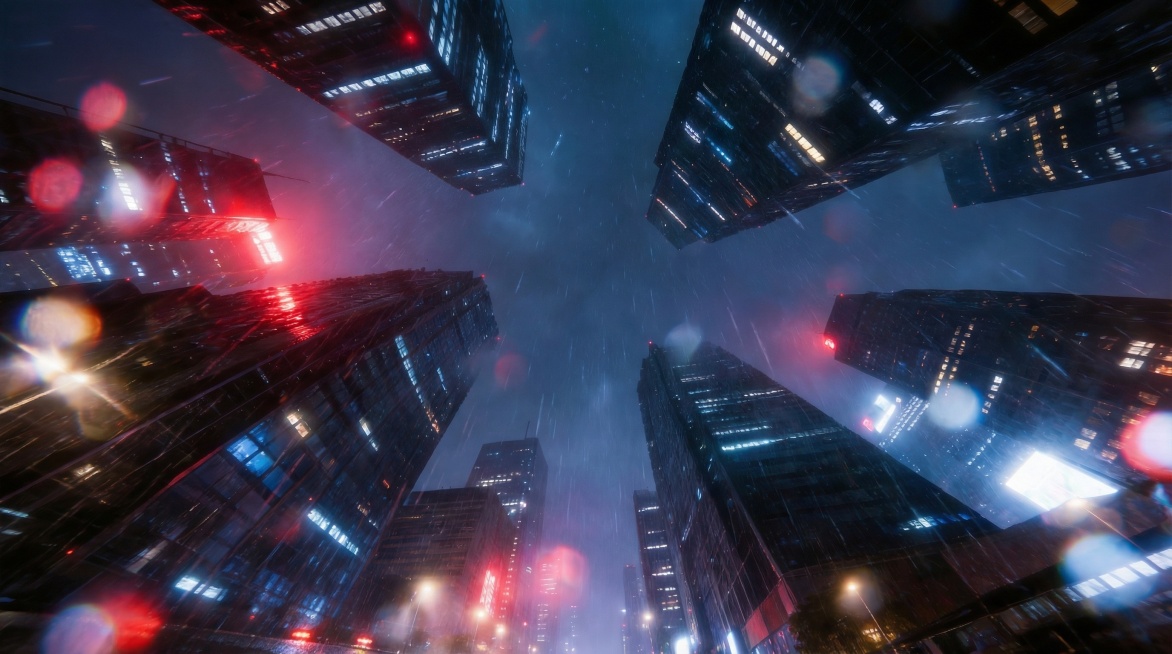 参照图1构图， 仰拍高楼之间的天空，被雨水打湿的镜头，红蓝白城市的灯光引起的光晕（Bloom）散开，不要出现马路和车辆预览效果