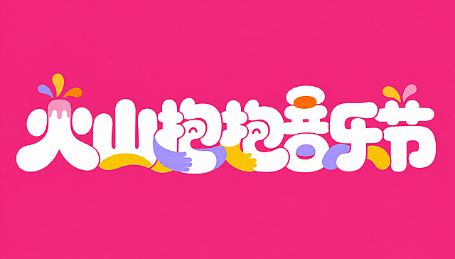 白色字体，玫红色背景，干净的背景，创意黑体字体设计七个字"火山抱抱音乐节"，所有文字单行横向排列，将字体进行大幅度抽象变形。笔画极度加粗呈现粗重饱满的块面感，所有笔画转角做圆润处理无尖锐棱角，字与字之间紧密咬合笔画互相穿插连笔共用，整体风格活泼俏皮充满年轻活力和音乐节的狂欢氛围，部分笔画融入火山喷发和拥抱的图形元素，色彩鲜艳明快充满多巴胺风格。画面中只能出现这七个字："火"、"山"、"抱"、"抱"、"音"、"乐"、"节"，不得出现参考图中的原文字，不得增加、遗漏或替换任何一个字。文字整体必须完整呈现在画面内不可被裁切，四周留有安全边距。比例16:9