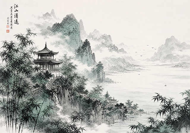 古风水墨画，楼阁矗立在山水之间，周边环绕茂密竹林，远处天水一色，意境悠远雅致