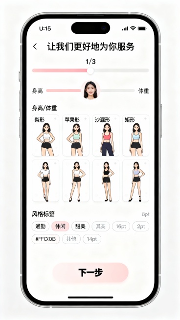 图2：身材信息收集
文案：简洁表单页，标题“让我们更好地为你服务”，分三部分：

基础信息：身高、体重的滑动选择器（可视化形象随数值变化）

体型选择：4种体型插画（梨形、苹果形、沙漏形、矩形）卡片式预览效果