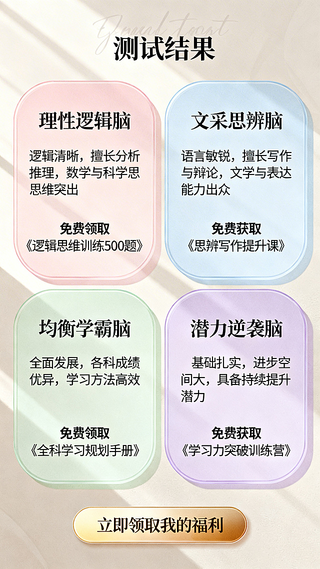 教育培训测试结果页面，包含4种结果：理性逻辑脑、文采思辨脑、均衡学霸脑、潜力逆袭脑，每种结果对应一段描述和专属福利，底部有"立即领取我的福利"按钮，整体风格唯美大气，画面精致有质感，采用高级配色