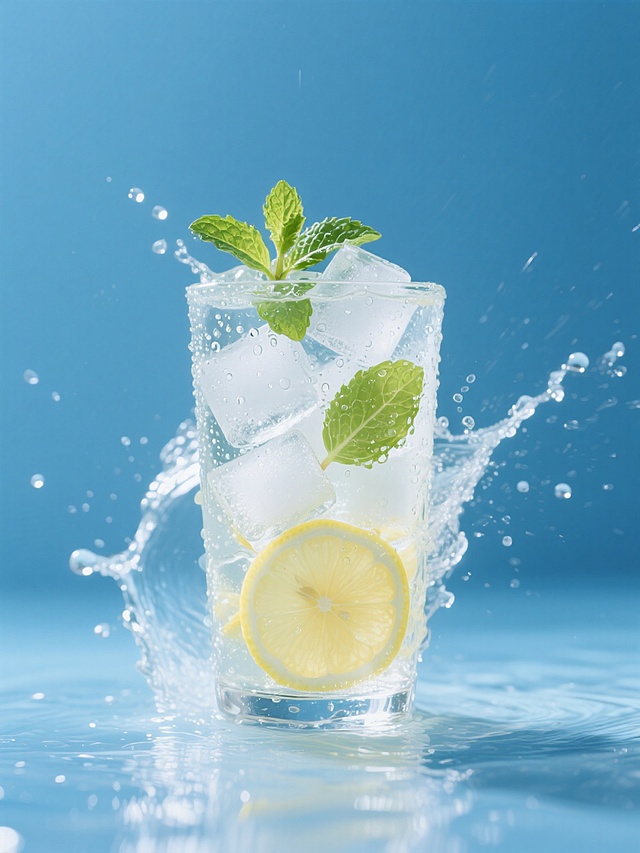 清爽柠檬冰水，简约设计，冰块、薄荷点缀，水花四溅、蓝色背景突显夏日清凉感。