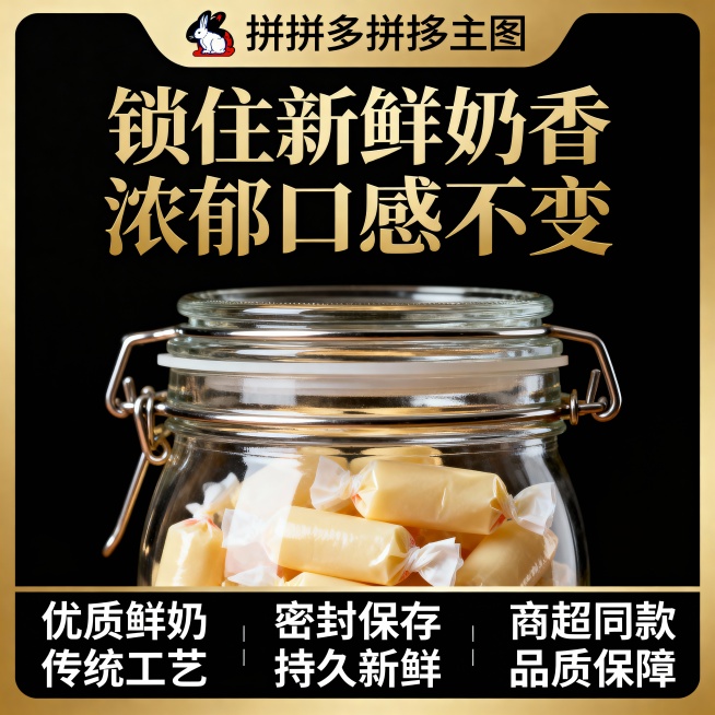 这张图片是产品主体这款产品是上海冠生园大白兔奶糖 我需要设计20张主图在拼多多上面售卖    主图场景布局可以用 等设计一个高级一些主图文案内容  甄选内蒙古黄金奶源带的优质鲜奶 奶香浓度比普通奶粉高预览效果