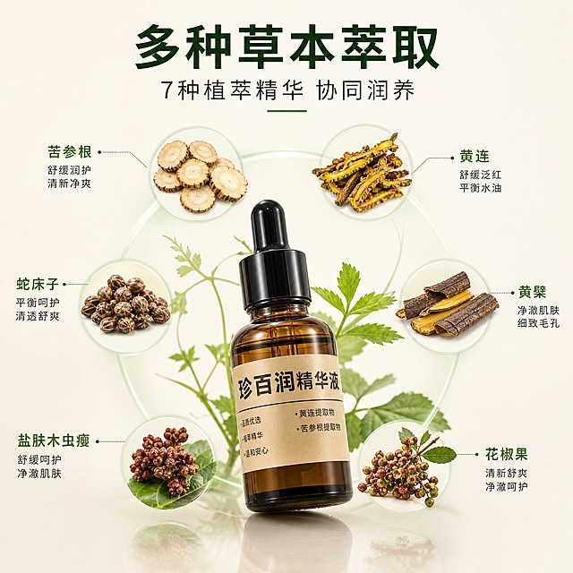[主图-2] 核心成分解析，展示多种草本萃取成分，强化专业植萃背书。
[统一基调] 整体风格温润自然、专业品质感；背景主色为米白渐变搭配浅草木绿点缀；标题字色为深墨绿，辅助字色为深灰；强调色为草木绿；字体为干净非衬线体，主标题粗体醒目，辅助文字纤细清晰；卡片与图标采用细线圆角极简样式。
[画面] 产品（棕色滴管瓶）位于画面下方居中，占画面约35%，瓶口朝上微微倾斜。产品上方和四周悬浮6-7种真实草本植物原料与提取物，包括：苦参根切片、黄连根茎、黄檗树皮、蛇床子果实、花椒果、盐肤木虫瘿等，每种成分用细线引出标注名称。成分之间有淡淡的绿色光晕连接，形成成分网络感。背景为纯净米白色，底部有轻微倒影。
[光影质感] 超写实商业摄影质感，每种草本原料都有真实纹理和光影，植物叶片有通透感，滴管瓶玻璃质感真实，整体光线均匀柔和，突出成分的天然与专业。
[配色] 米白背景为主，草本植物自然绿色与棕色系，文字深墨绿，整体和谐统一。
[文字版式] 顶部居中主标题"多种草本萃取"，字体最大最粗。下方一行副标题"7种植萃精华 协同润养"。每种成分旁有细线引出的小标签，标注成分名如"苦参根""黄连""黄檗""蛇床子""花椒果"等，标签文字小而清晰。
[输出要求] 比例1:1，2048x2048像素，产品与成分清晰，文字可读无错字。负向：变形、错字、模糊、杂乱、水印、平台Logo、生产厂家、医疗术语、绝对化用语。