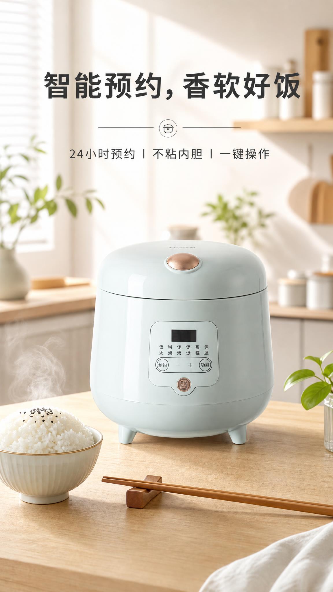 现代简约风格电饭煲电商海报，竖版9:16。画面主体为一台浅薄荷… - 图片创意预览