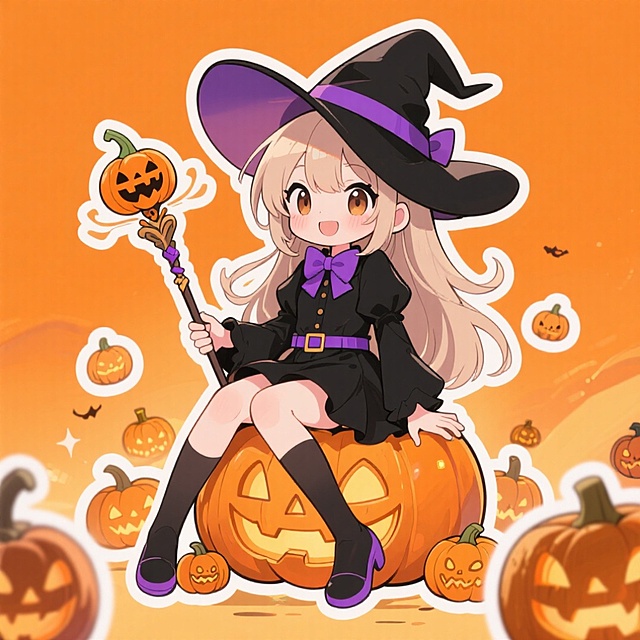 可爱感十足的动漫风巫女，坐于南瓜之上，手持南瓜魔杖，背景橙色梦幻，剪纸风点缀，充满万圣节喜庆氛围。