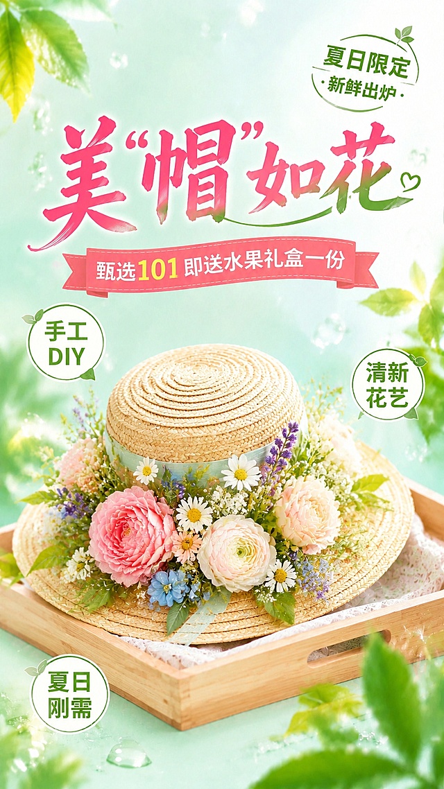 参照原图版式、标题颜色字号制作夏日花艺草帽促销海报，整体清新清爽夏日风格，背景淡青绿色渐变，点缀半透明绿叶和水珠光斑，营造清凉氛围，居中大标题文字美"帽"如花，主标题下方红色横幅文字"甄选101 即送水果礼盒一份"，右上角装饰文字夏日限定 · 新鲜出炉，卖点标签"手工DIY""清新花艺""夏日刚需"分布在负空间，主视觉展示精美的花艺装饰草帽，放置在木质托盘中，排版精美，四边留足安全边距，文字清晰可读，整体风格和版式与参考图保持一致