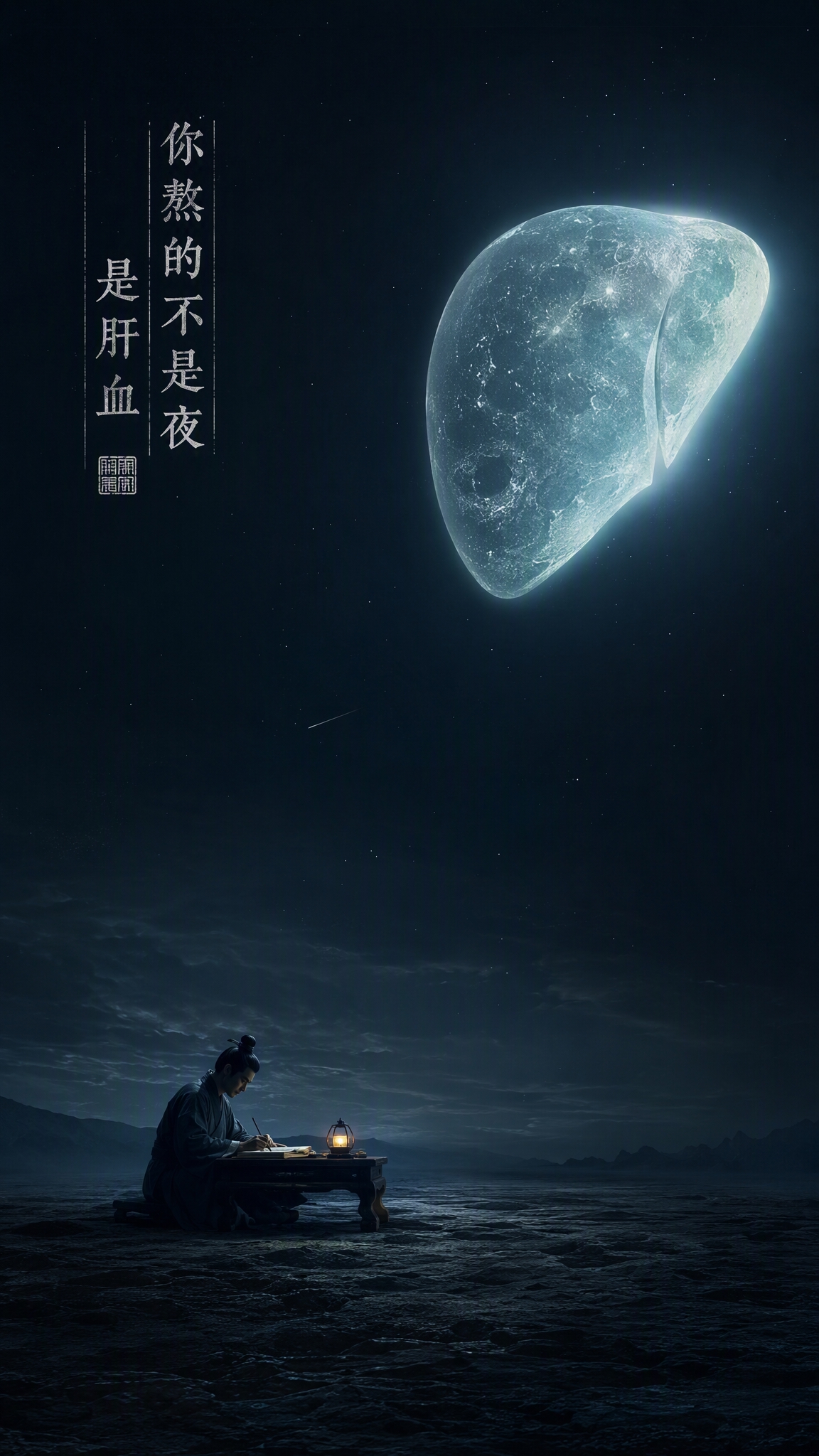超写实摄影风格，国风神话意境，雄奇想象，深夜苍穹中一轮巨大的青… - 图片创意预览