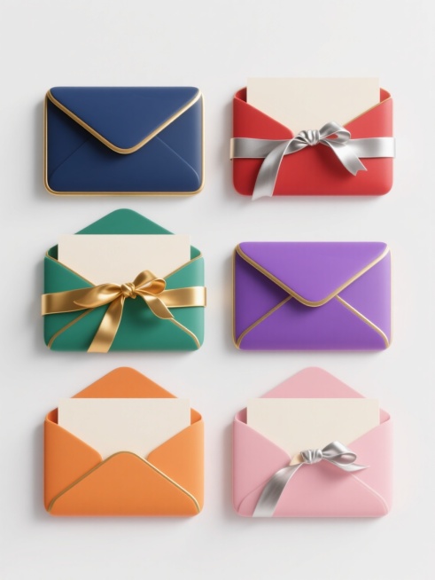 白色背景，六个系列素材规整排布，每个素材均为3D立体风格的信封与卡片组合，信封边缘和卡片边框有精致金色描边，信封内露出米白色卡片，金色丝带以不同飘逸形态缠绕信封。第一个素材：深蓝色信封配金色丝带；第二个素材：红色信封配银色丝带；第三个素材：绿色信封配金色丝带；第四个素材：紫色信封配银色丝带；第五个素材：橙色信封配金色丝带；第六个素材：粉色信封配银色丝带。所有素材保持统一的光影效果，高光和阴影过……预览效果