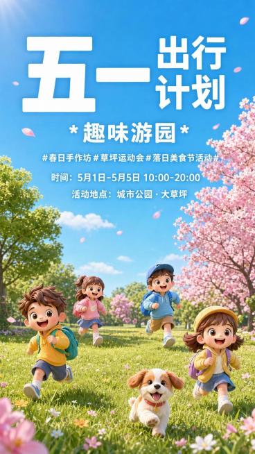 修改这张海报：
1. 标题改为白色2D字体，不要3D效果。排版调整：“51”在左侧放大，右侧上方为“出行”，下方为“计划”，右侧两行文字总高度和左侧“51”高度齐平，标题文字：“五一出行计划”。
2.预览效果