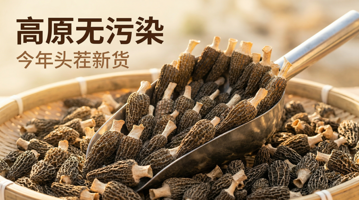 [主图 1] 干羊肚菌干货首图，高原产地自然氛围，自然暖阳逆光，展示勺子里盛着的干羊肚菌，背景是浅木色竹筐，保留产品原本的外观纹理，产品主体居中占比60%，视觉突出。画面左上角文案 "高原无污染"，主预览效果
