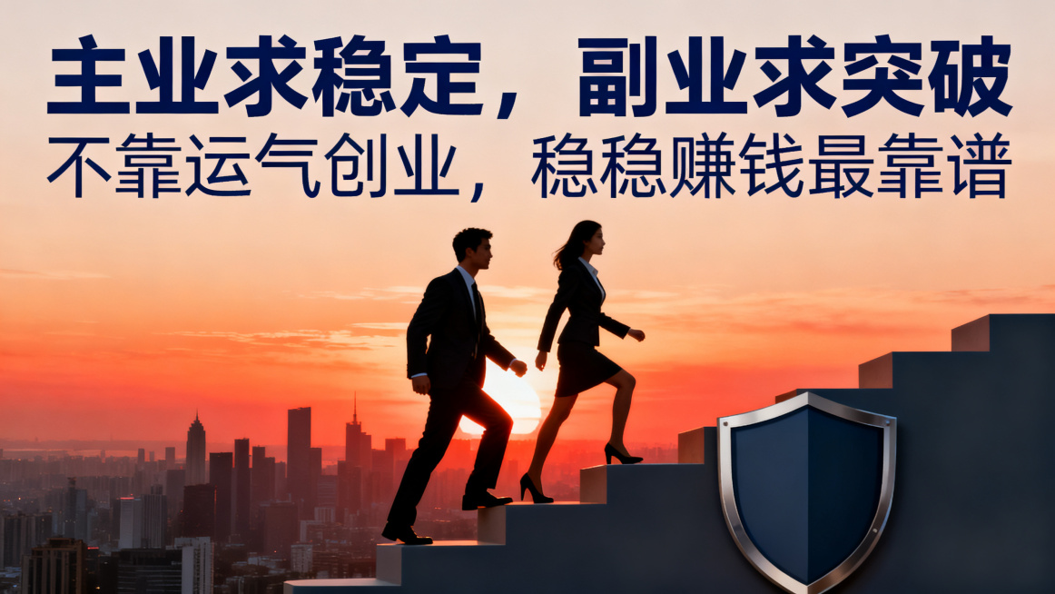 海报设计，主标题：主业求稳定，副业求突破，副标题：不靠运气创业，稳稳赚钱最靠谱。商务稳重风格，职场男女并肩向前，背景是城市天际线日出，搭配阶梯和稳固盾牌元素，主副标题分明，积极稳重。预览效果