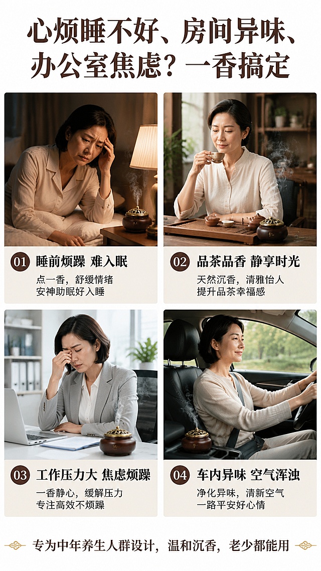 「图片1」，生成详情页，商品名称为xxx，适配拼多多平台，单图比例为9:16，需求屏数为8张。「图片1」「图片1」拼多多天然沉香祥云无粘粉香 详情页完整转化大纲
 
适配平台中老年养生客户，结合你现有实拍图，加入中年妇女出镜场景，逻辑：抓痛点→展示产品→讲原料工艺→多场景使用→规格参数→售后保障，层层打消顾虑、促进下单
 
第一屏：首屏海报（黄金引流区，搭配中年阿姨出镜）
 
1. 主视觉：穿素雅棉麻上衣的中年阿姨，坐在中式茶桌，手托祥云香片，罐装好香摆在手边，一缕轻烟氛围感拉满

2. 大标题大字：天然沉香祥云香｜无化学粘粉，静心舒缓

3. 3栏核心卖点（白底粗字，老人一眼看清）
✅ 纯沉香无粘粉｜不呛鼻更安心
✅ 一体式便携小罐｜随身随处熏香
✅ 全屋多场景可用｜卧室/车载/茶室

4. 底部红色引导小字：线下单罐39，拼多多仅15.8元，点下方立即拼单

5. 作用：进店3秒抓住眼球，讲清产品核心优势+低价冲击
 
第二屏：直击人群痛点（共鸣转化，阿姨多场景出镜）
 
1. 标题：心烦睡不好、房间异味、办公室焦虑？一香搞定

2. 四格分场景配图，全部搭配中年阿姨出镜实拍
① 卧室场景：阿姨睡前烦躁失眠，点燃祥云香舒缓安神
② 茶室场景：喝茶品香，静心放松，居家待客雅致
③ 办公室场景：工作压力大，桌面放香片提神静心
④ 车载场景：车内异味难闻，放一片净化空气

3. 底部总结文案：专为中年养生人群设计，温和沉香，老少都能用
 
第三屏：产品整体外观（对应你8/9号图，桶装收纳）
 
1. 大标题：桶装收纳，独立分装，干净防潮

2. 画面：透明整罐沉香+堆叠独立祥云香小盒实拍

3. 分点文字卖点
① 大容量密封桶装，日常储存防潮锁香
② 一盒6片独立小圆盒，单片分开不碎香
③ 小圆盒顶盖自带香薰盘，不用额外买香炉
④ 体积小巧，口袋、包包随手携带，出差旅行随身带
 
第四屏：单品细节拆解（对应5/9细节图）
 
1. 标题：匠心细节，处处为品香人考虑

2. 主体：单块祥云香独立圆盒实拍，引线标注三大细节

- 古韵祥云造型：中式古典纹样，摆放好看雅致

- 植绒内衬：柔软缓冲，运输不易断裂，锁住沉香原味

- 独立密封盒：隔绝潮湿灰尘，每一片干净卫生
 
第五屏：原料实拍（对应6/9特写图，建立天然信任）
 
1. 标题：天然沉香原料，无化学添加，用料看得见

2. 画面：近距离微距拍摄祥云香，清晰展示沉香粉质纹理

3. 核心文字：无粘纯粉压制，不含香精、化学粘合剂

4. 打消顾虑文案：市面上劣质香加化工胶刺鼻呛喉，咱们纯沉香原生本香，味道醇厚柔和，敏感呼吸道也能放心用
 
第六屏：完整生产工艺（对应7/9工艺流程图）
 
1. 标题：三重匠心工艺，紧实耐烧不易断

2. 三栏流程图（原料采集→高压成型→独立封装）

1. 天然沉香原料：甄选原生沉香木，萃取原香粉

2. 高压一体成型：高压压制工艺，香身紧实，燃烧不碎、不掉渣

3. 无菌独立封装：成型后立刻密封，持久锁存沉香香气

3. 下方4项工艺优势图标：紧实耐用、香韵持久、匠心精工、天然原料
 
第七屏：全场景实拍合集（补充多环境使用参考）
 
1. 标题：一香多用，居家出行全场景适配

2. 四宫格实景图：卧室静心、办公提神、茶席雅韵、车载随行

3. 适配人群补充：失眠人群、茶室爱好者、开车一族、办公室上班族、送礼自用两相宜
 
第八屏：规格参数板块（清晰透明，减少客服咨询）
 
1. 标题：产品详细规格

2. 表格排版，简洁易懂

- 产品名称：沉香谷祥云无粘粉沉香

- 内含规格：1桶装=6片独立祥云香

- 原料：天然沉香纯粉，无化学粘粉

- 燃烧时长：单片持久熏香

- 包装：透明密封收纳桶+独立植绒小圆盒

- 执行标准：GB 26386-2011（放上罐身实拍标准截图）
 
第九屏：购物保障售后（对应9/9保障图，消除下单犹豫）
 
1. 大标题：下单无忧，四重购物保障

2. 四个图标+文字
① 正品保证：源头工厂直供，正宗天然沉香
② 七日无理由退换：收到不满意可退换
③ 现货速发：当天48小时内发货，不用久等
④ 客服在线：全天客服，有问题随时咨询

3. 底部兜底文案：运输破损免费补发，品质放心，放心拼单
 
第十屏：收尾逼单引导（促进立刻下单）
 
1. 画面：中年阿姨手持两罐沉香，微笑推荐囤货

2. 文案：，家用、放车里、送亲友都合适

3. 行动引导大字：库存不多，多囤几罐全屋随心熏香，点击下方立即拼单「图片1」