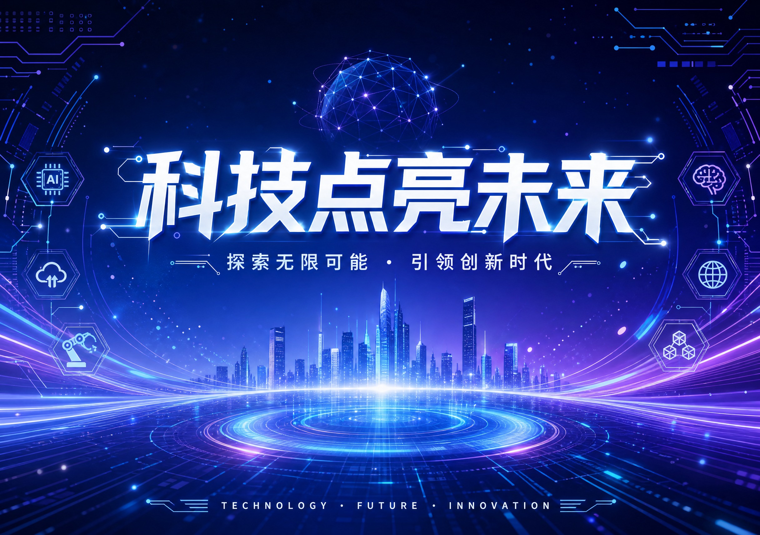 科技主题手卡封面设计，横版构图。画面中央大标题"科技点亮未来"… - 图片创意预览