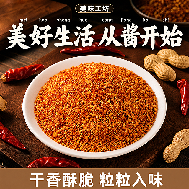 [单张主图] 香酥脆花生碎辣椒酱 爆款促销感主图，极致细化颗粒质感。
[画面主体] 保持白色圆盘、背景木板、红辣椒与花生位置不变，将盘中酱料进一步细化为极细小的干散颗粒（接近粗粉状），完全无油光、无结块、无湿润感，呈现蓬松干燥、粒粒分明的酥脆质感；确保产品外观、颜色、构图与原图一致，商品主体占比65%左右。
[构图版式] 顶部大标题型：顶部品牌位+超大主标题「美好生活 从酱开始」；中部产品主体；底部通栏信息条「干香酥脆 粒粒入味」。
[场景元素] 深棕木质砧板背景，完整干辣椒与带壳花生点缀四周，不遮挡主体。
[文案版式] 主标题用米白书法体加粗，上方保留拼音小字；底部通栏浅棕底白字，清晰易读。
[光影质感] 自然暖阳逆光，突出微距颗粒纹理与干燥质感，高光柔和不溢，暗部有层次，商业高清摄影风格。
[配色字体] 主色红棕暖木，辅色辣椒红/花生黄，强调色米白；主标题书法体>副文案无衬线体，字重对比强。
[比例分辨率] 1:1，4K，文字清晰可辨。
[负向提示词] 变形，水印，错字，糊图，油脂，结块，大颗粒，湿润感，背景杂乱，主体遮挡