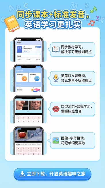这个是英语单词拼读APP的手机界面，我需要做成产品的详情页，针对孩子学习英语的痛点来设计，生成一张详情页，不要改变我原本的功能界面图片预览效果