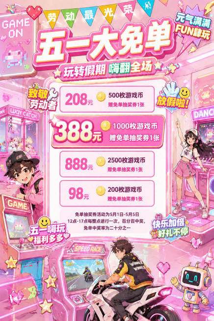 基于提供的电玩城五一活动背景图进行编辑，将顶部大标题'五一劳动节'修改为'五一大免单'，在图片中间空白区域添加以下套餐内容，排版工整清晰，保证文案醒目：
- 重点突出价格和游戏币数量：
"208元 5预览效果