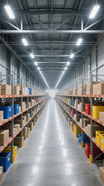 超写实主义摄影风格，现代大型仓库内部，高角度透视，宽敞明亮的空间，金属桁架屋顶结构，均匀分布的白色照明灯投射出清晰光影，灰色水泥地面反光，两侧高耸的金属货架整齐排列，摆满各种颜色和尺寸的纸箱、货物箱，部分货架有蓝色、黄色、红色等彩色箱子点缀，中央通道宽敞笔直，向远处延伸至仓库深处，整体呈现出工业化、秩序感和高效仓储的氛围，细节丰富，色彩真实，具有强烈的空间纵深感和专业仓储环境的视觉特征。预览效果