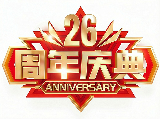 将数字1替换为26，文字改为26周年店庆，保持原有金色立体字体、红金配色和整体造型风格